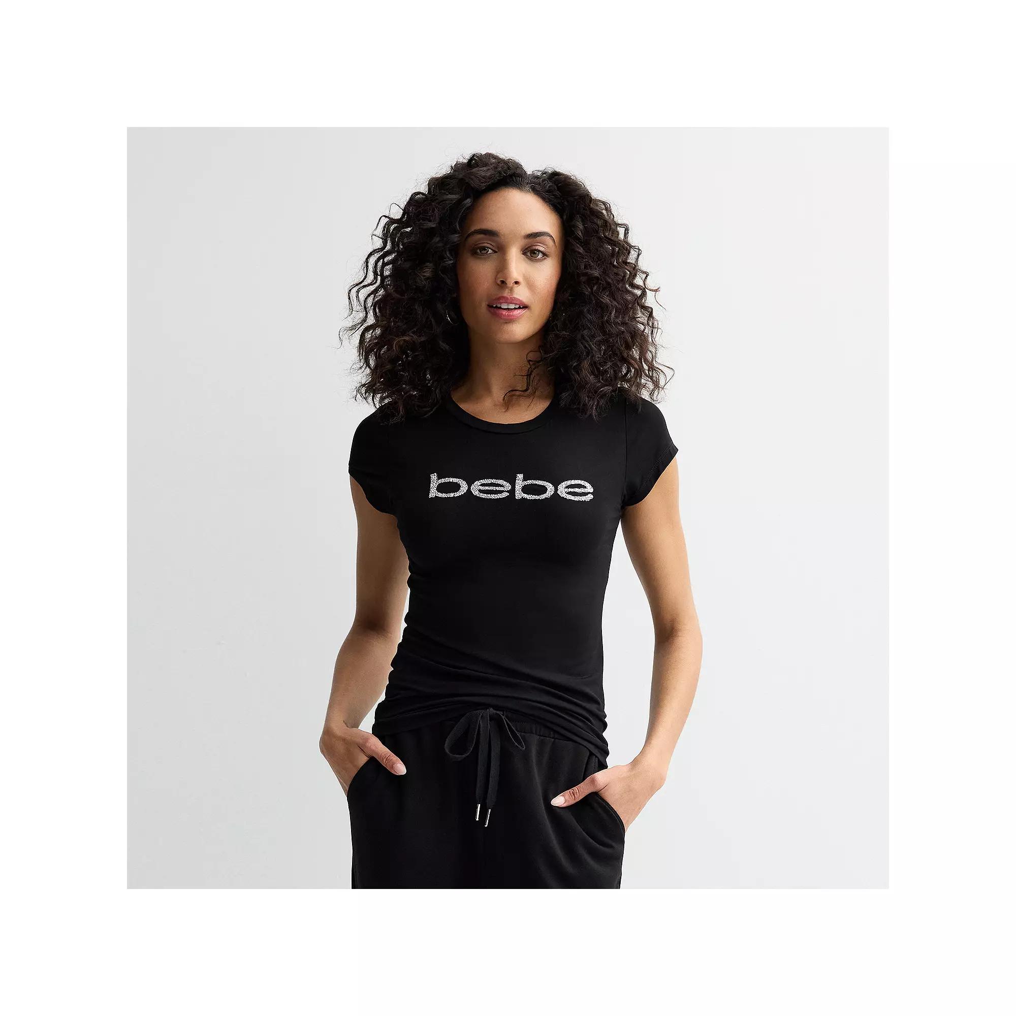 Women's bebe Embellished Crewneck T-Shirt, Size: XL, Black Logo Product Image