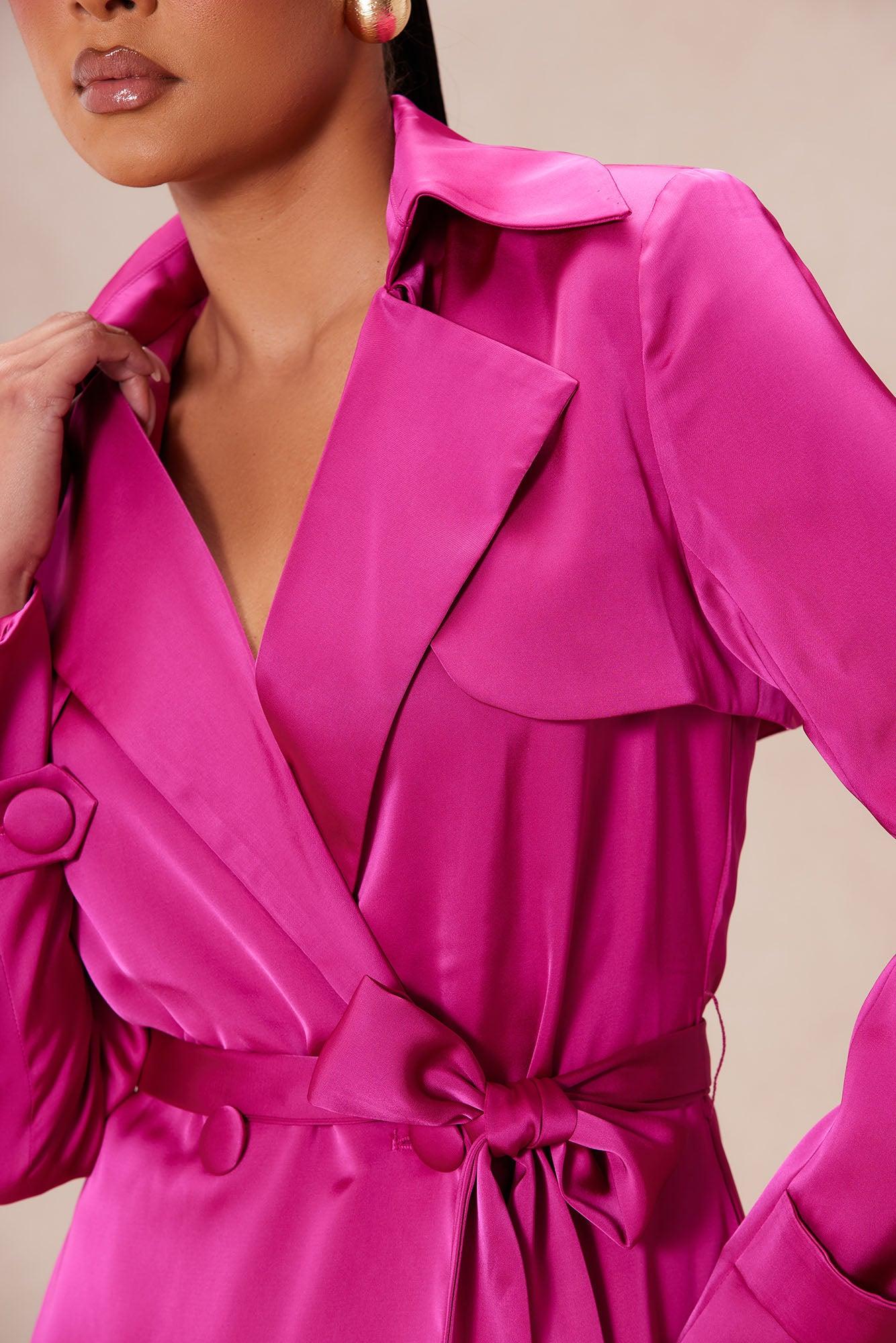 Gabriella Satin Trench Coat And Pant Set - Hot Pink Product Image