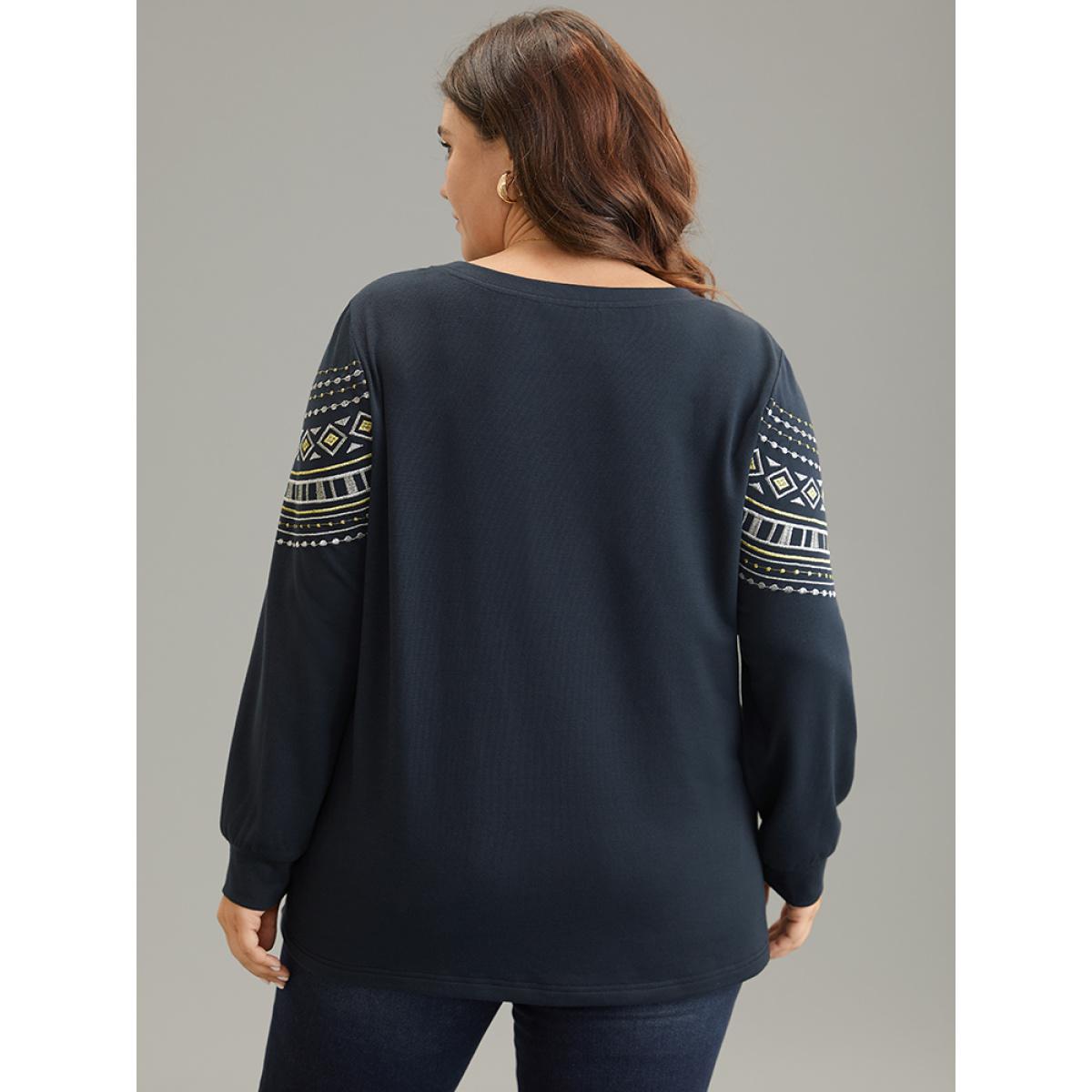 Plus Size Bandana Embroidered Crew Neck Elastic Cuffs Sweatshirt Women DimGray Casual Embroidered Round Neck Dailywear Sweatshirts BloomChic 26/4X Product Image