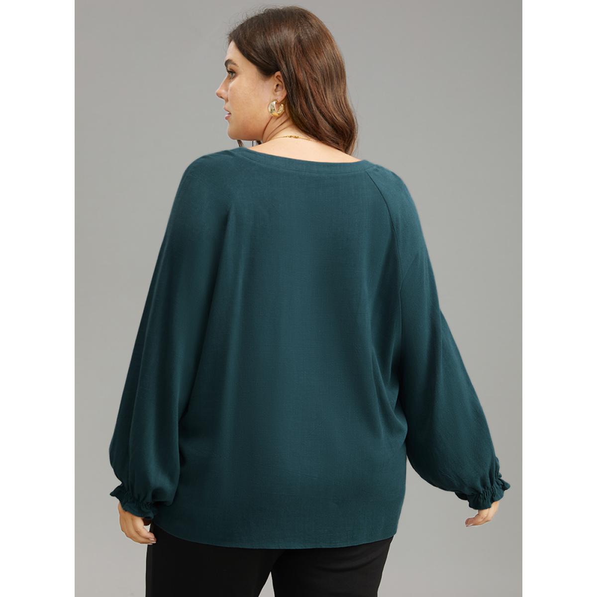 Plus Size Cyan Plain Raglan Sleeve Plicated Detail Blouse Women Office Long Sleeve V-neck Office Blouses BloomChic 14-16/1X Product Image