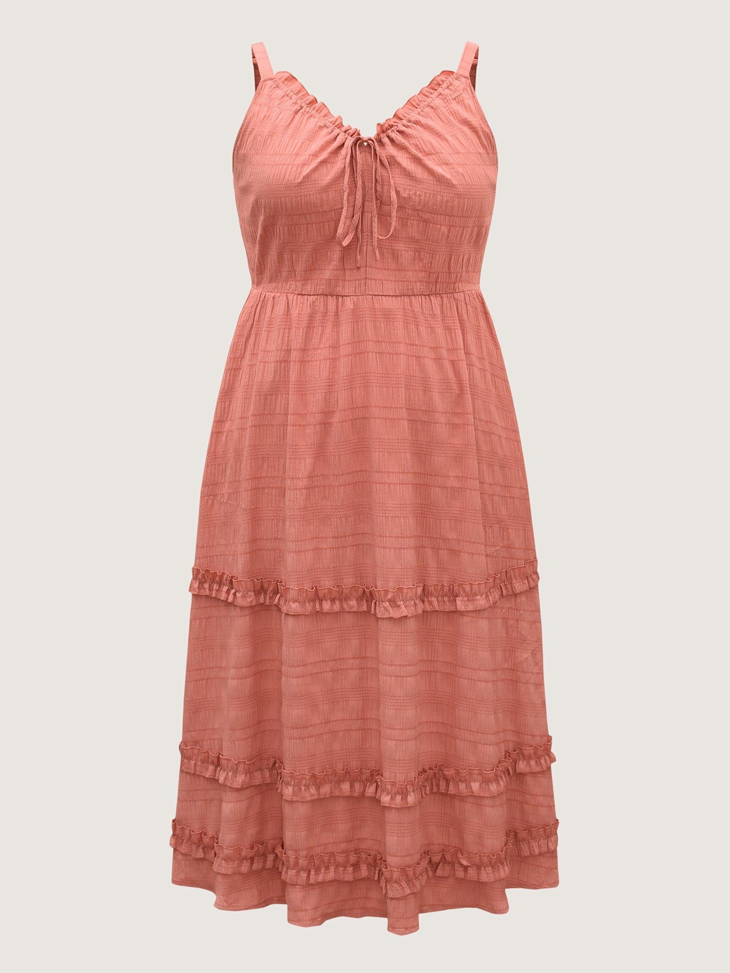 Textured Neck-Tie Layered Pockets Midi Dress Female Product Image