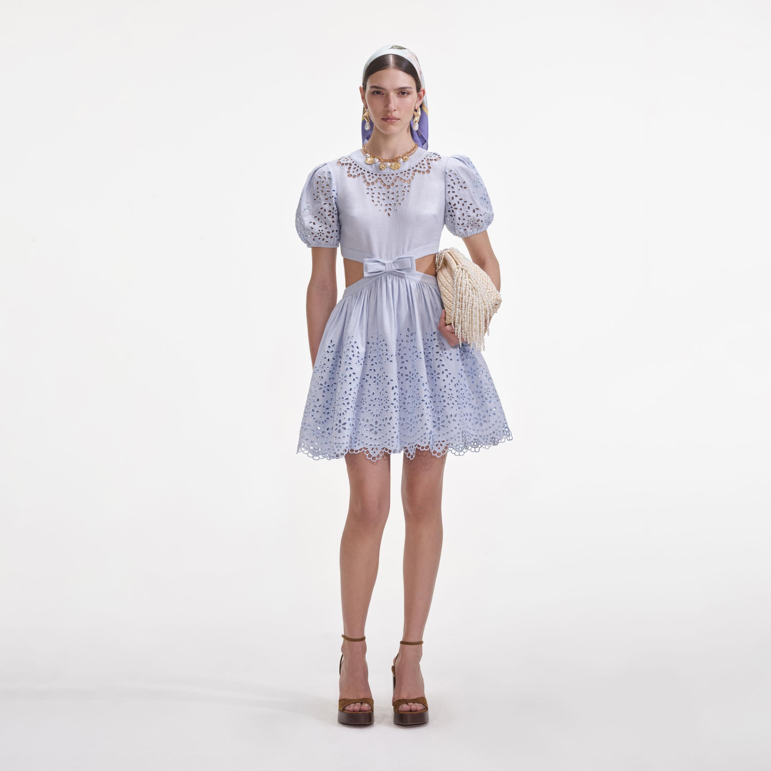 Blue Embroidered Linen Mini Dress Product Image