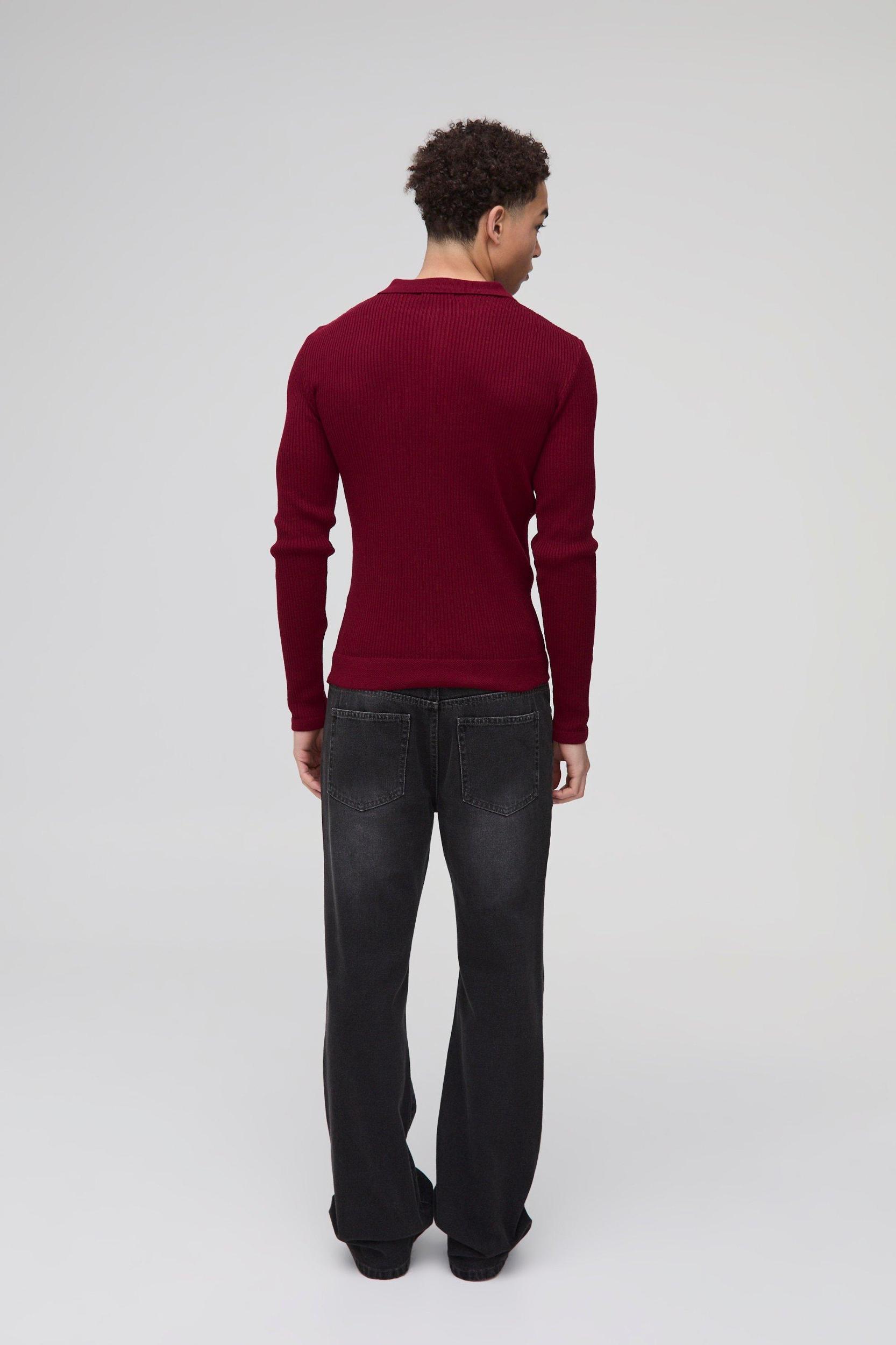 Muscle Fit Ribbed Button Neck Knitted Polo | boohooMAN USA Product Image