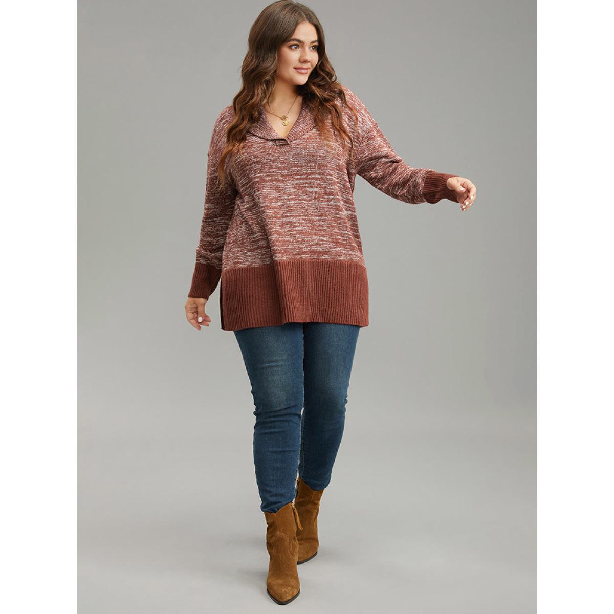 Plus Size Heather Lapel Collar Contrast Patchwork Pullover Rust Women Casual Loose Long Sleeve Lapel Collar Dailywear Pullovers BloomChic 10/M Product Image