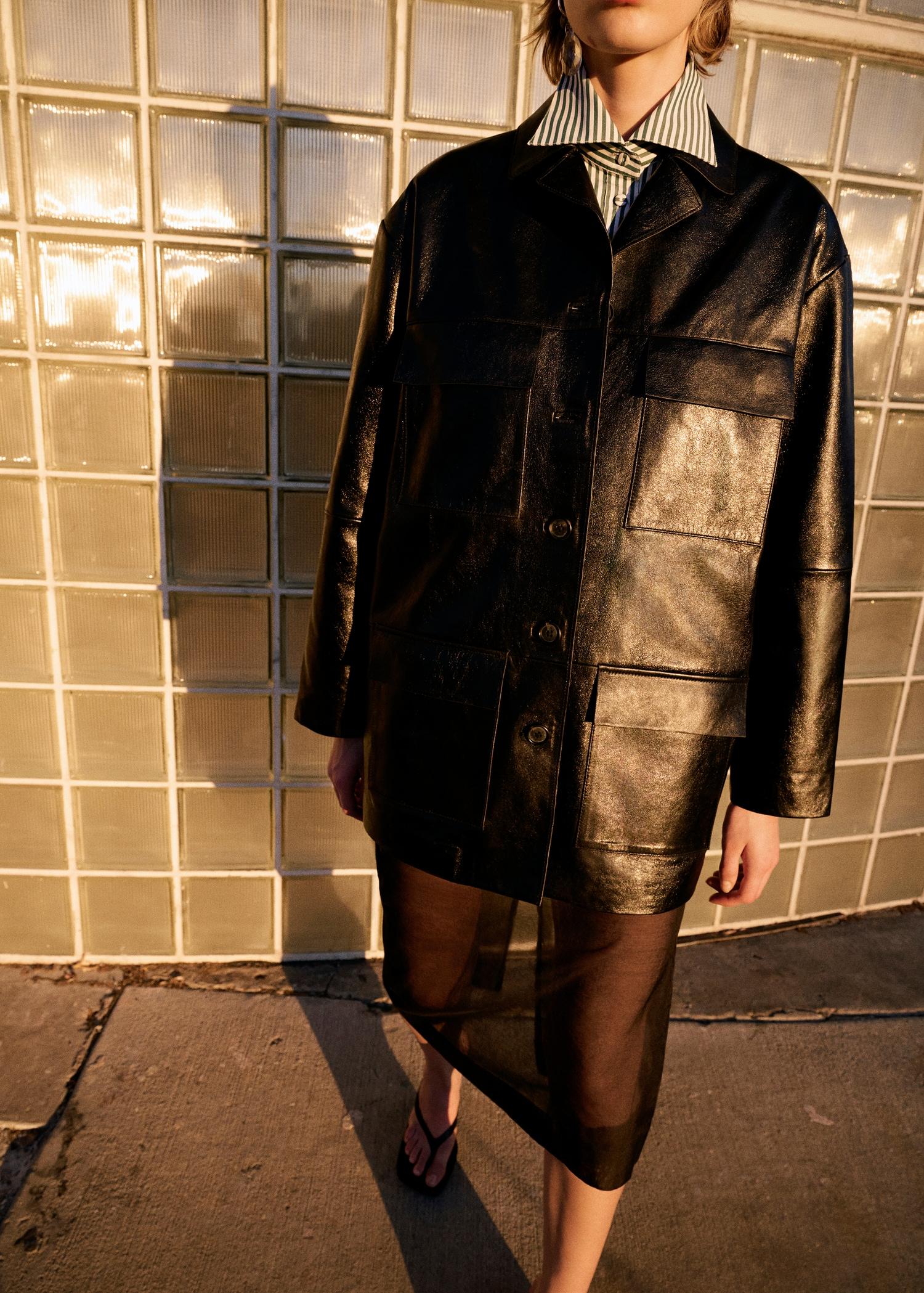 Oversized leather jacket with pockets - Women | MANGO USA Product Image