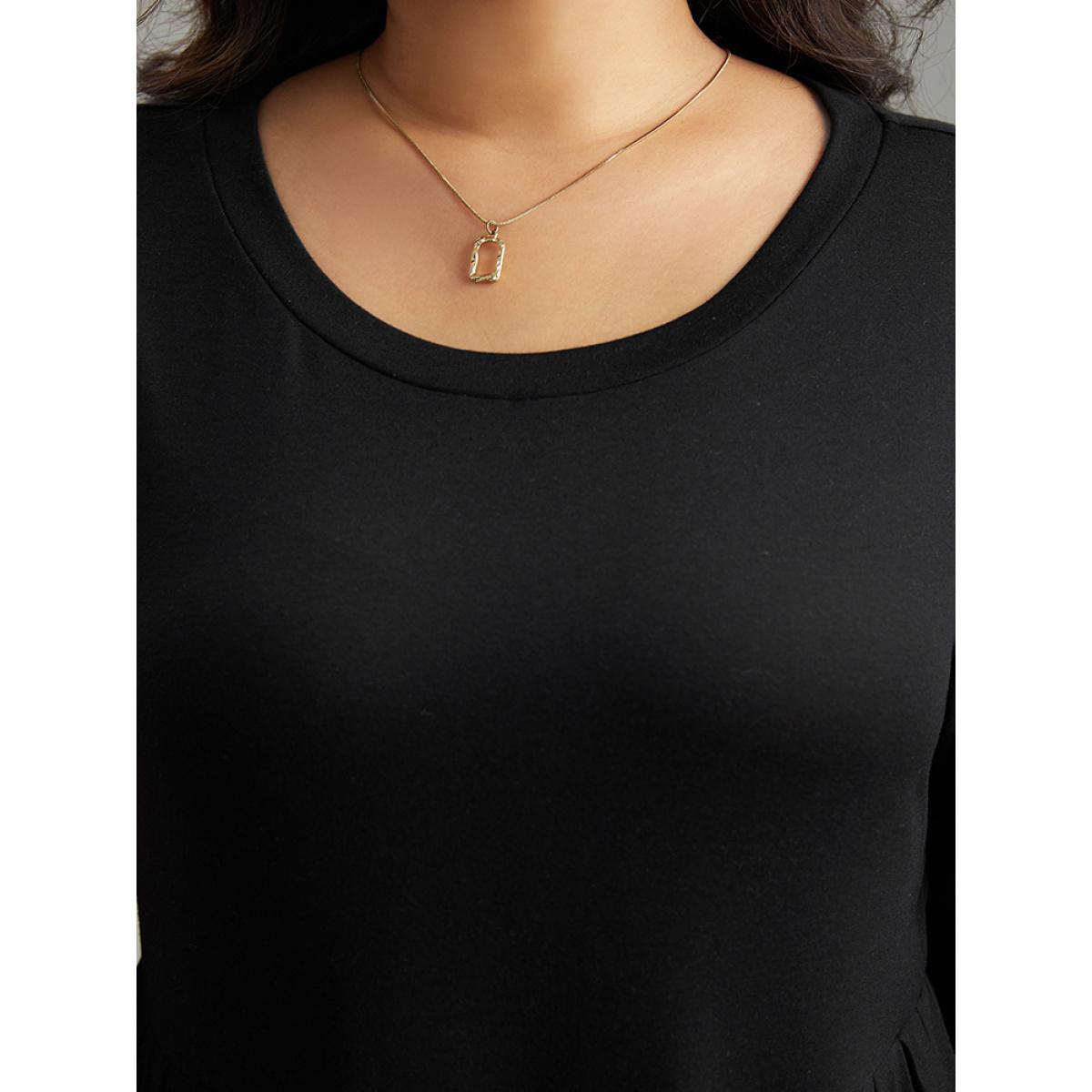 Plus Size Supersoft Essentials Solid Ruffles Pleated Dress Black Women Casual Pleated Round Neck Elbow-length sleeve Curvy Midi Dress BloomChic 28/5X Product Image