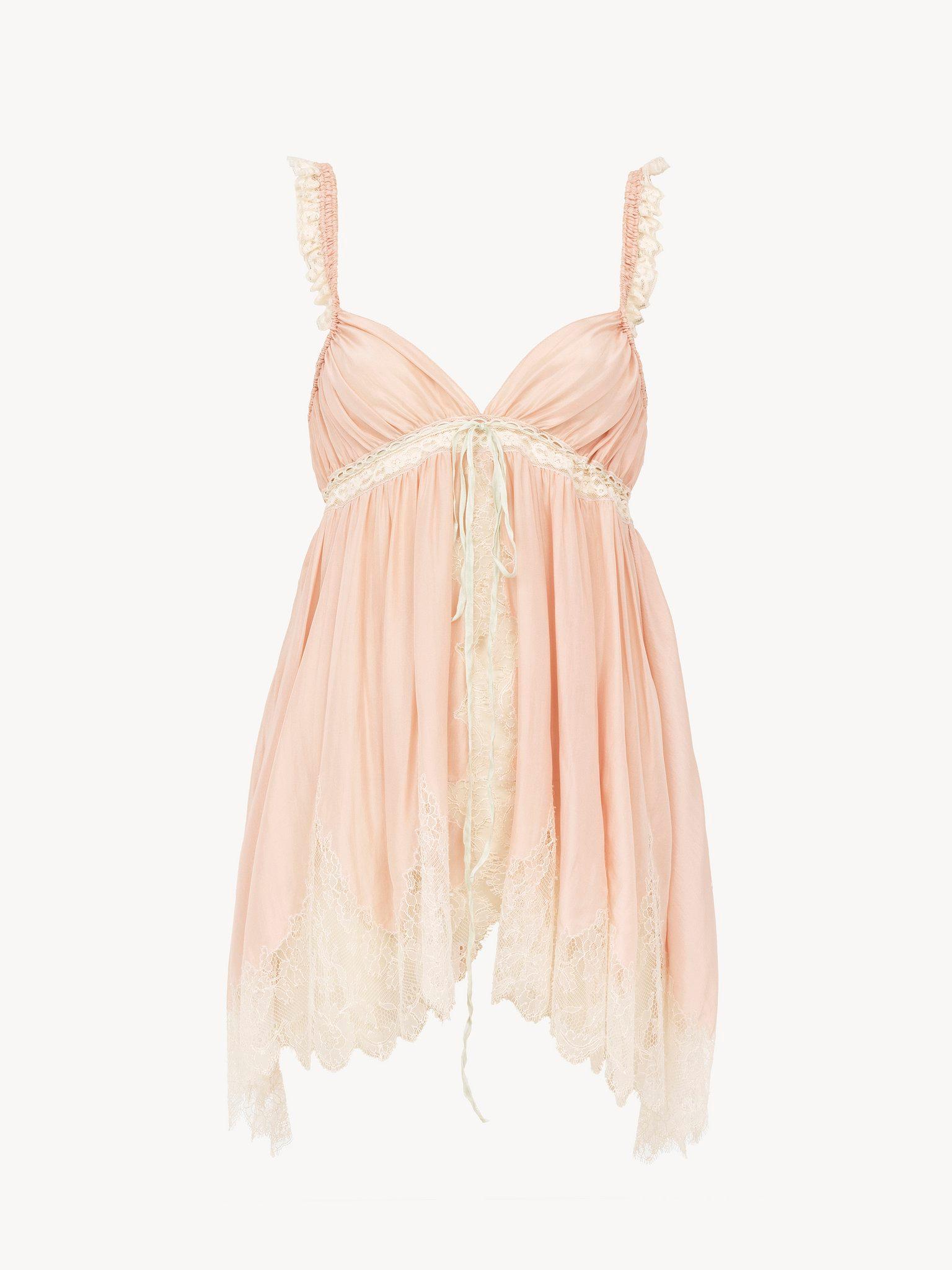 Sleeveless top in washed silk pongé & lace Product Image