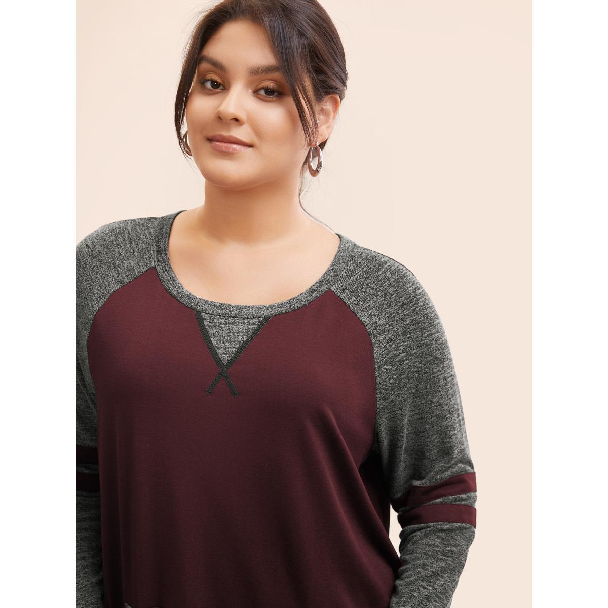 Plus Size Striped Contrast Pocket Raglan Sleeve High Low Hem Sweatshirt Women Emerald Casual Contrast Round Neck Everyday Sweatshirts BloomChic 30/6X Product Image