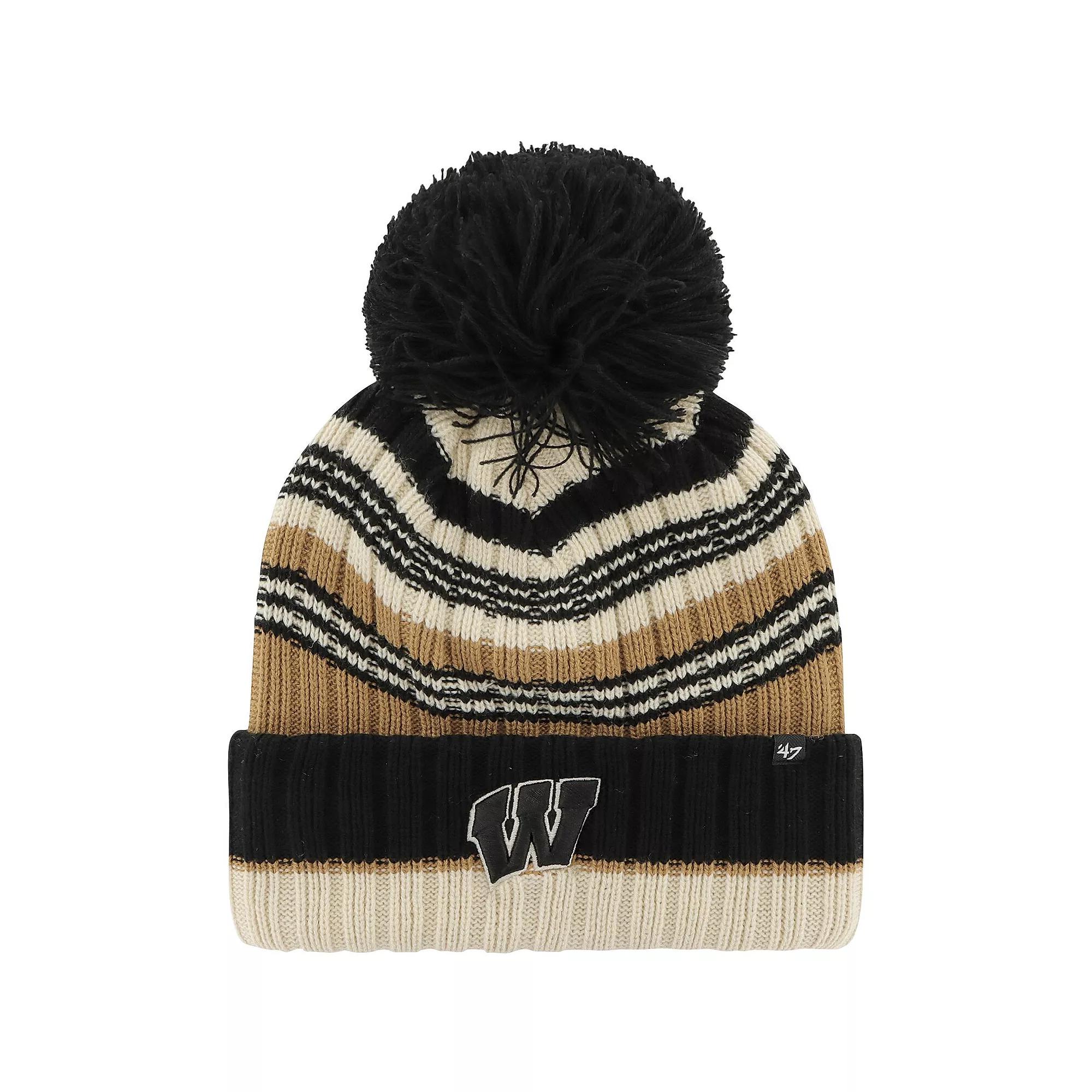 Women's '47 Khaki Wisconsin Badgers Barista Cuffed Knit Hat with Pom, Beig K Product Image
