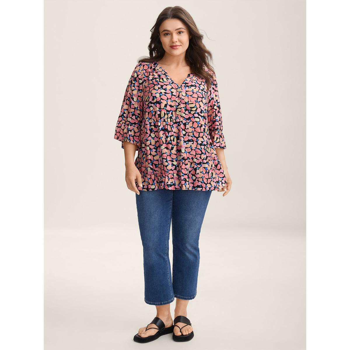 Plus Size Black Floral Notched Collar Button Detail Blouse Women Elbow-length sleeve Flat collar with V-notch Everyday-Casual Blouses BloomChic 26/4X Product Image