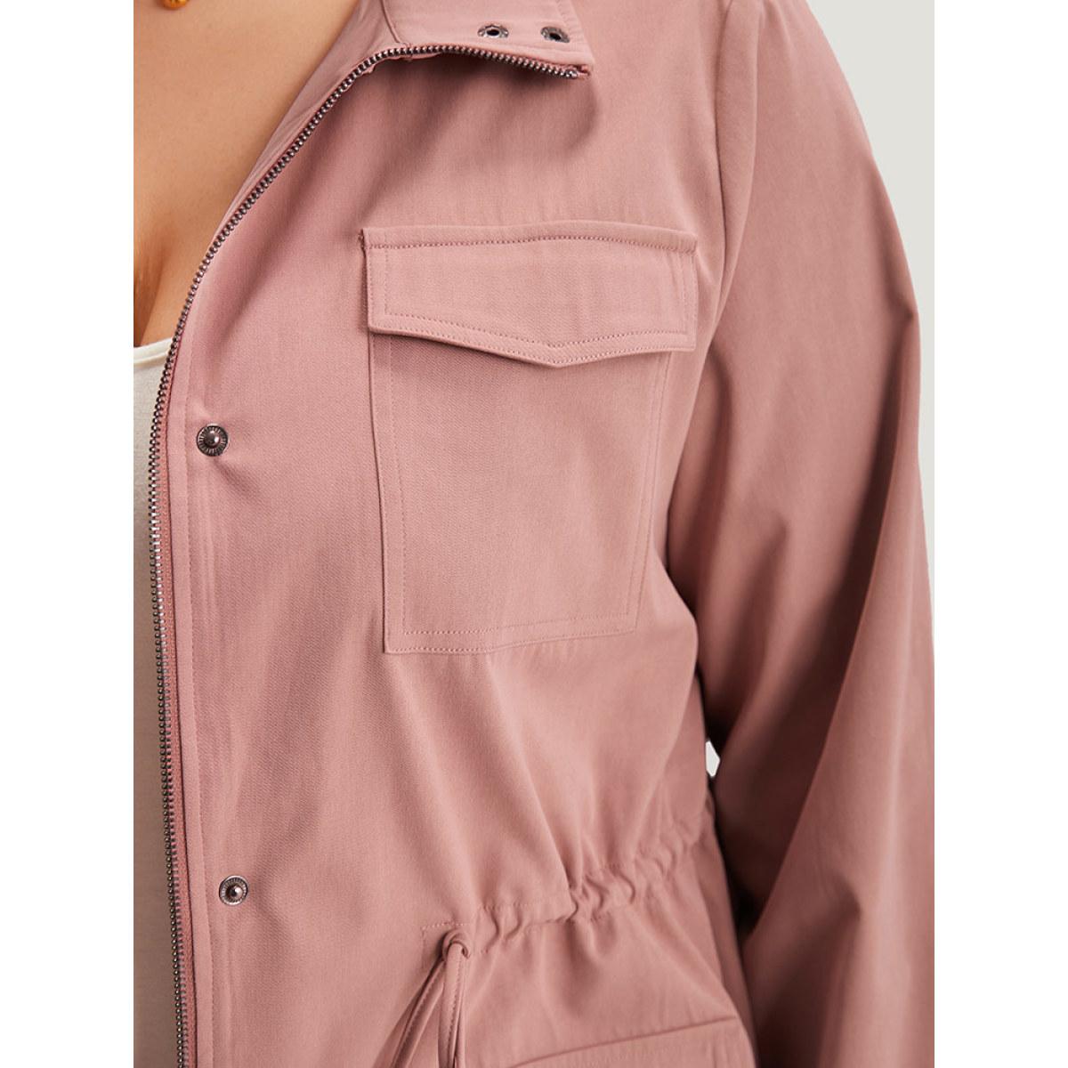 Plus Size Plain Pocket Button Through Drawstring Zipper Coat Women Rouge Plain Pocket Dailywear Jackets BloomChic 28/5X Product Image