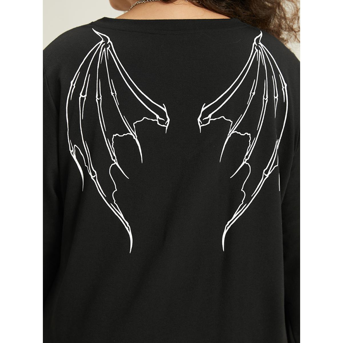 Plus Size Halloween Wing Print Elastic Cuffs Sweatshirt Women Black Casual Printed V-neck Dailywear Sweatshirts BloomChic 26/4X Product Image
