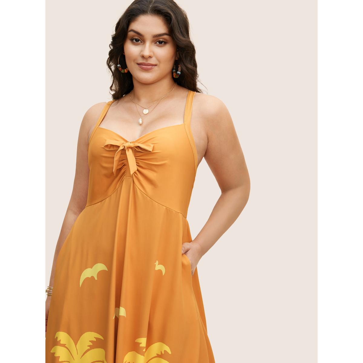 Plus Size Heart Neckline Tropical Print Tie Knot Midi Dress Turmeric Women Resort Tie knot Heart neckline Sleeveless Curvy BloomChic 28/5X Product Image