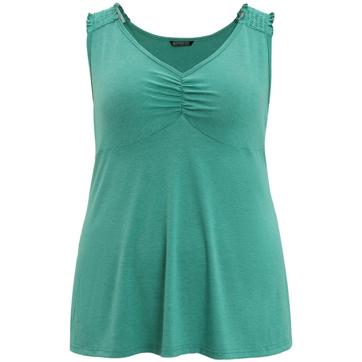Plus Size Plain V Neck Ruched Shirred Tank Top Women Emerald Elegant Plain V-neck Dailywear Tank Tops Camis BloomChic 18-20/2X Product Image