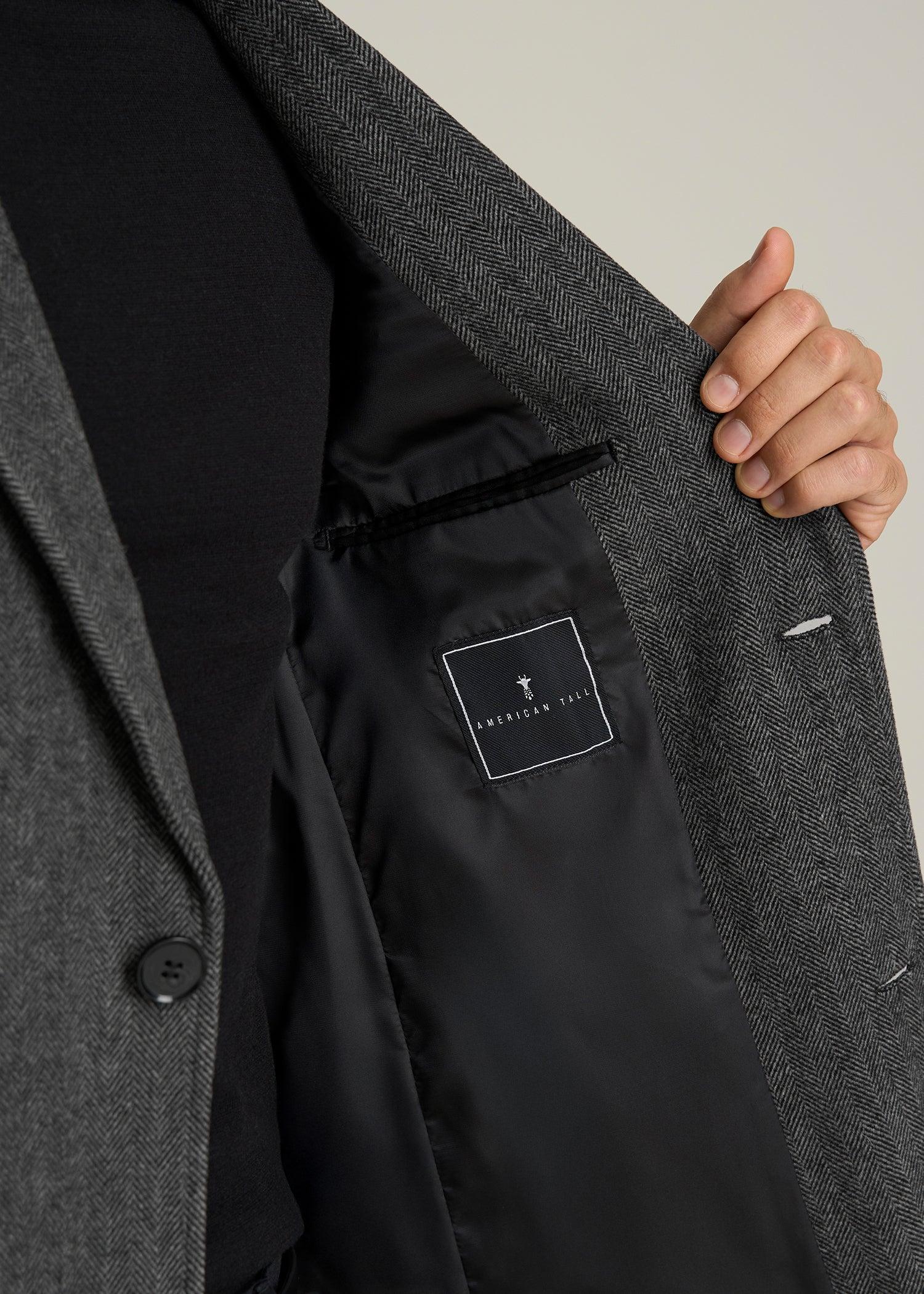 Wool Coat for Tall Men in Grey and Black Herringbone Male Product Image