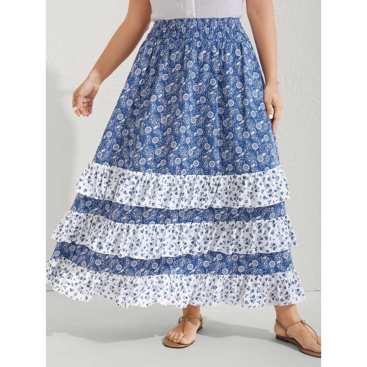 Plus Size Floral Patchwork Tiered Maxi Skirt Women Mediumblue Boho Gathered Loose No stretch Side seam pocket Vacation Skirts BloomChic 14-16/1X Product Image