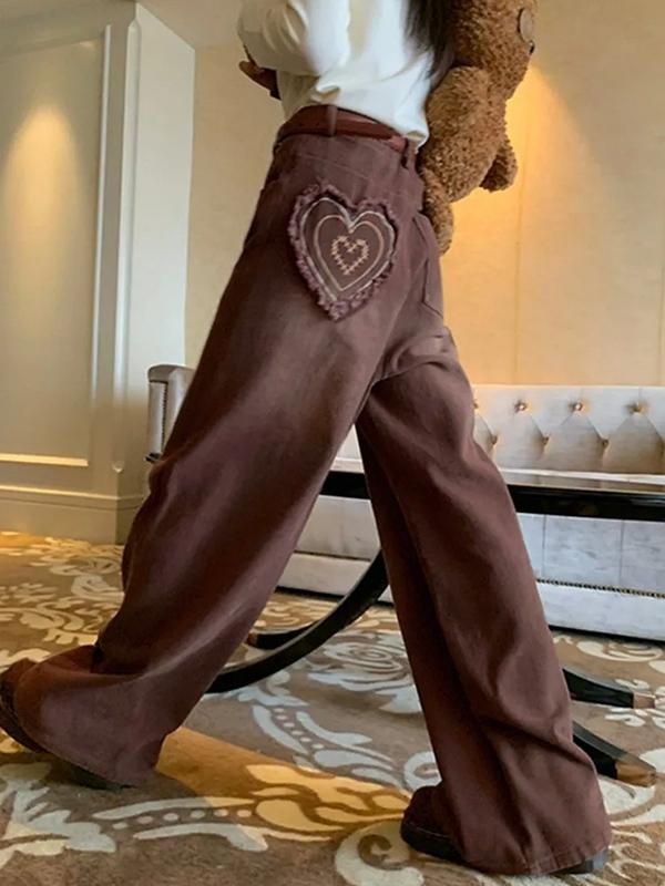 Vintage Brown Heart Patch Embroidery Boyfriend Jeans Product Image