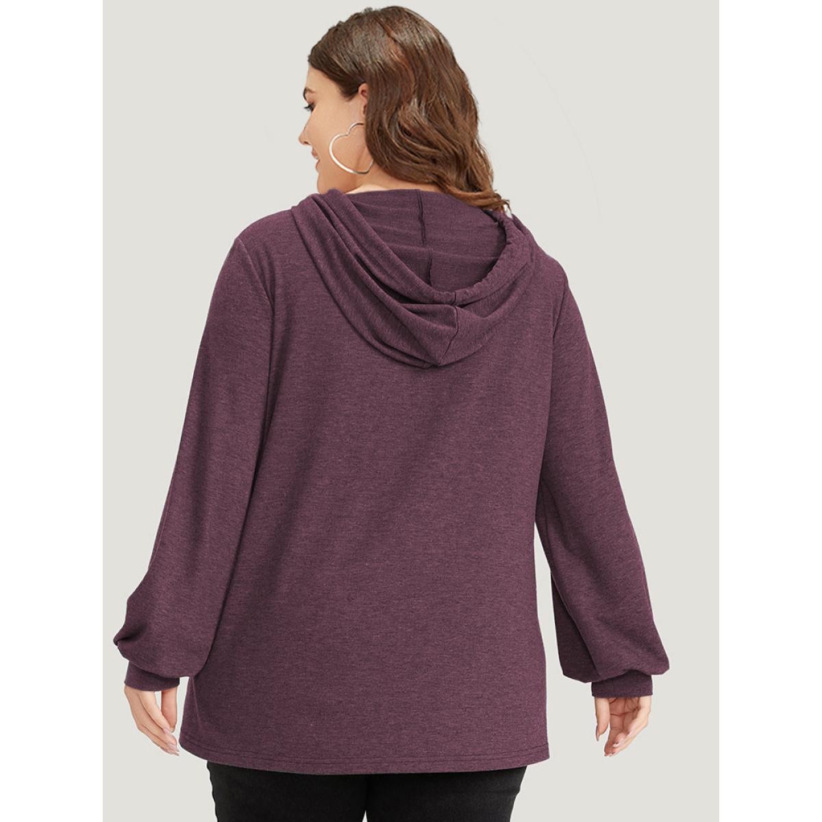 Plus Size Plain Drawstring Button Up Hooded Elastic Cuffs Sweatshirt Women Burgundy Casual Elastic cuffs Hooded Dailywear Sweatshirts BloomChic 14-16/1X Product Image