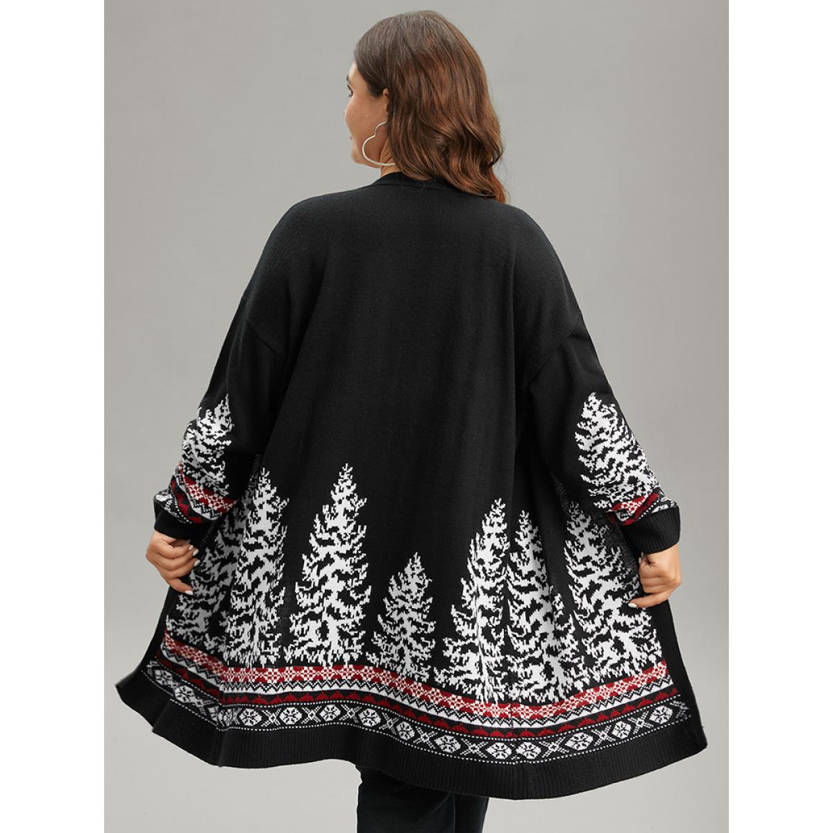 Plus Size Christmas Trees Contrast Cardigan Black Women Casual Loose Long Sleeve Festival-Christmas Cardigans BloomChic 14-16/1X Product Image