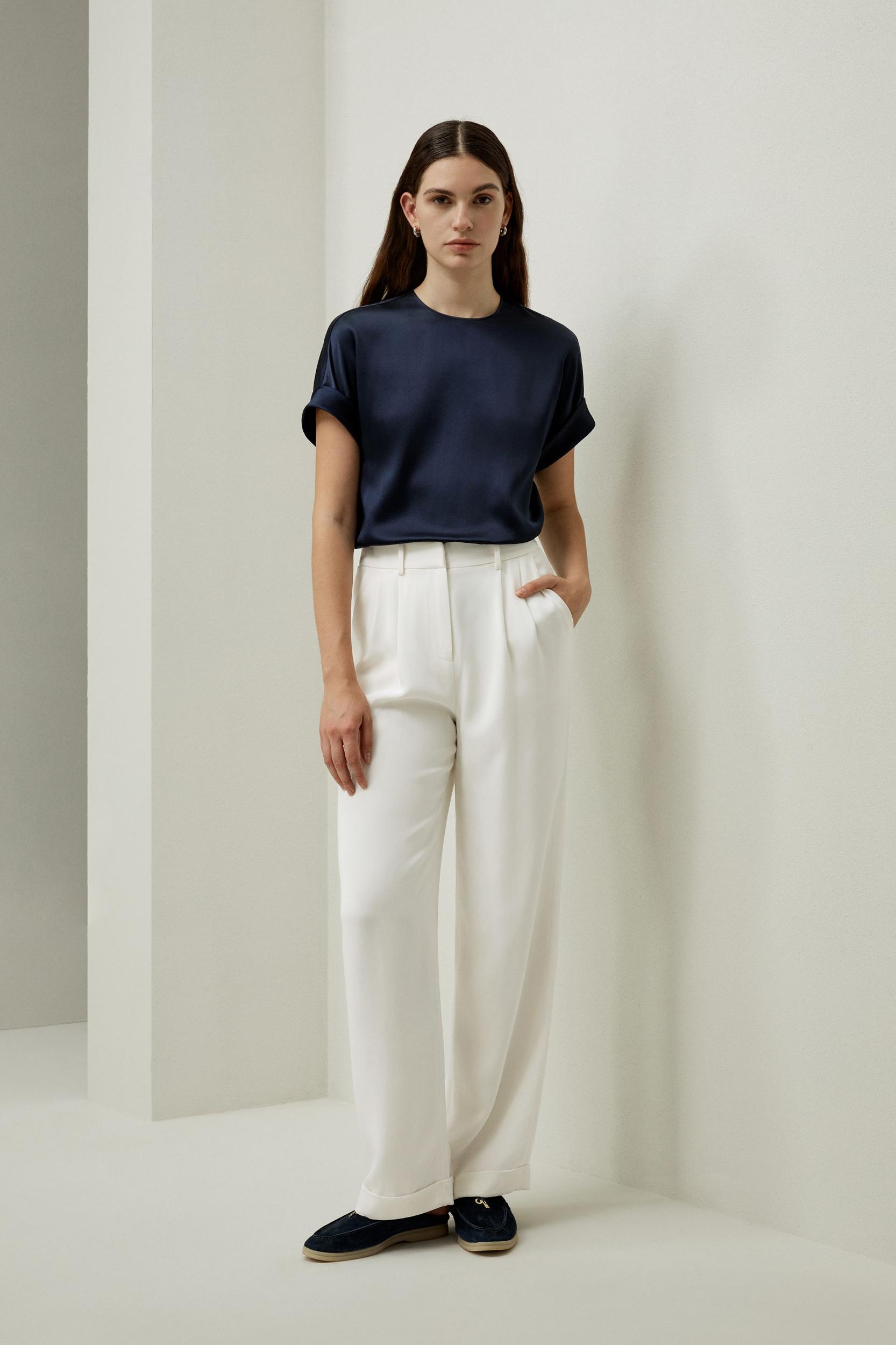 LILYSILK T Shirt Silk - Womens - Navy Blue 100 Silk - Organic Oversized Tops XS Product Image