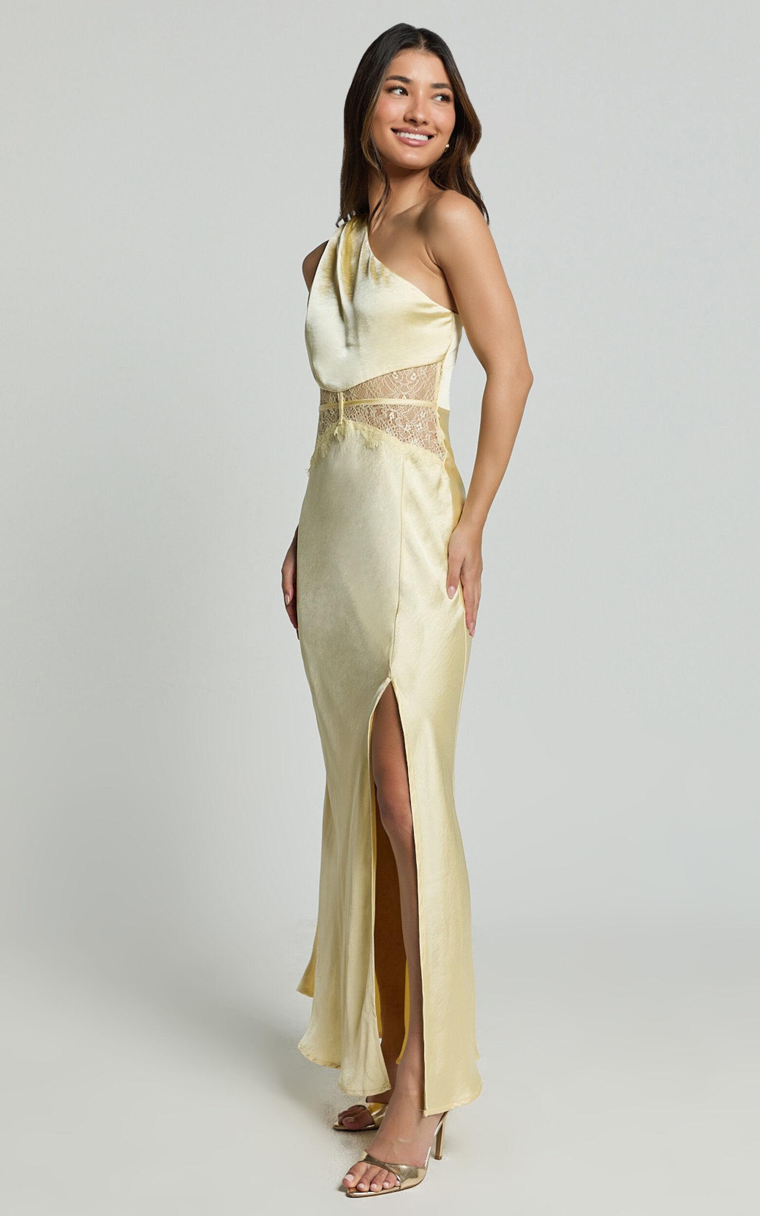 Estella Midi Dress - Asymmetrical Lace Detail Waist Slip Dress in Butter Product Image