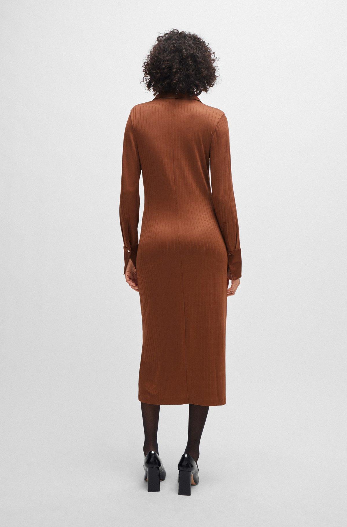 BOSS - Long-length shirt-style dress in ribbed jersey - Brown Product Image