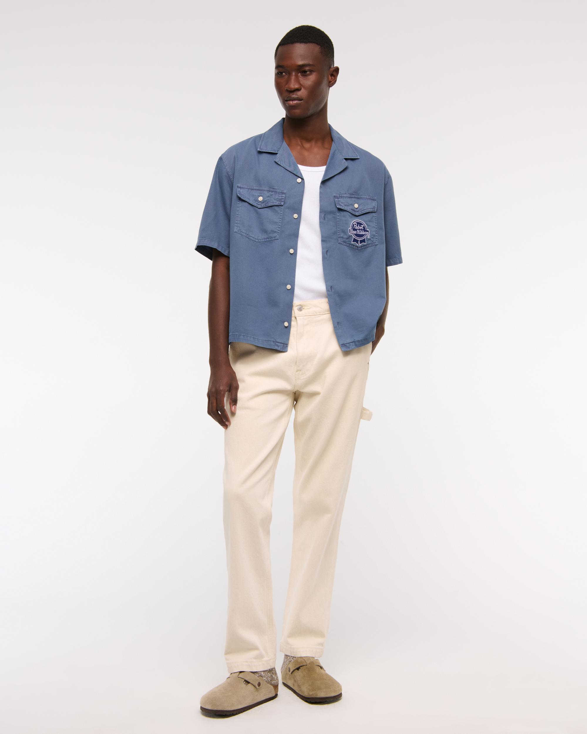 Short-Sleeve Cropped Modelo Workwear Button-Up Shirt Product Image