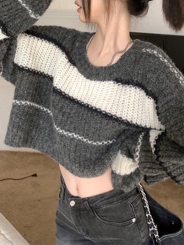 Oversized Contrast Striped Cropped Sweater Product Image