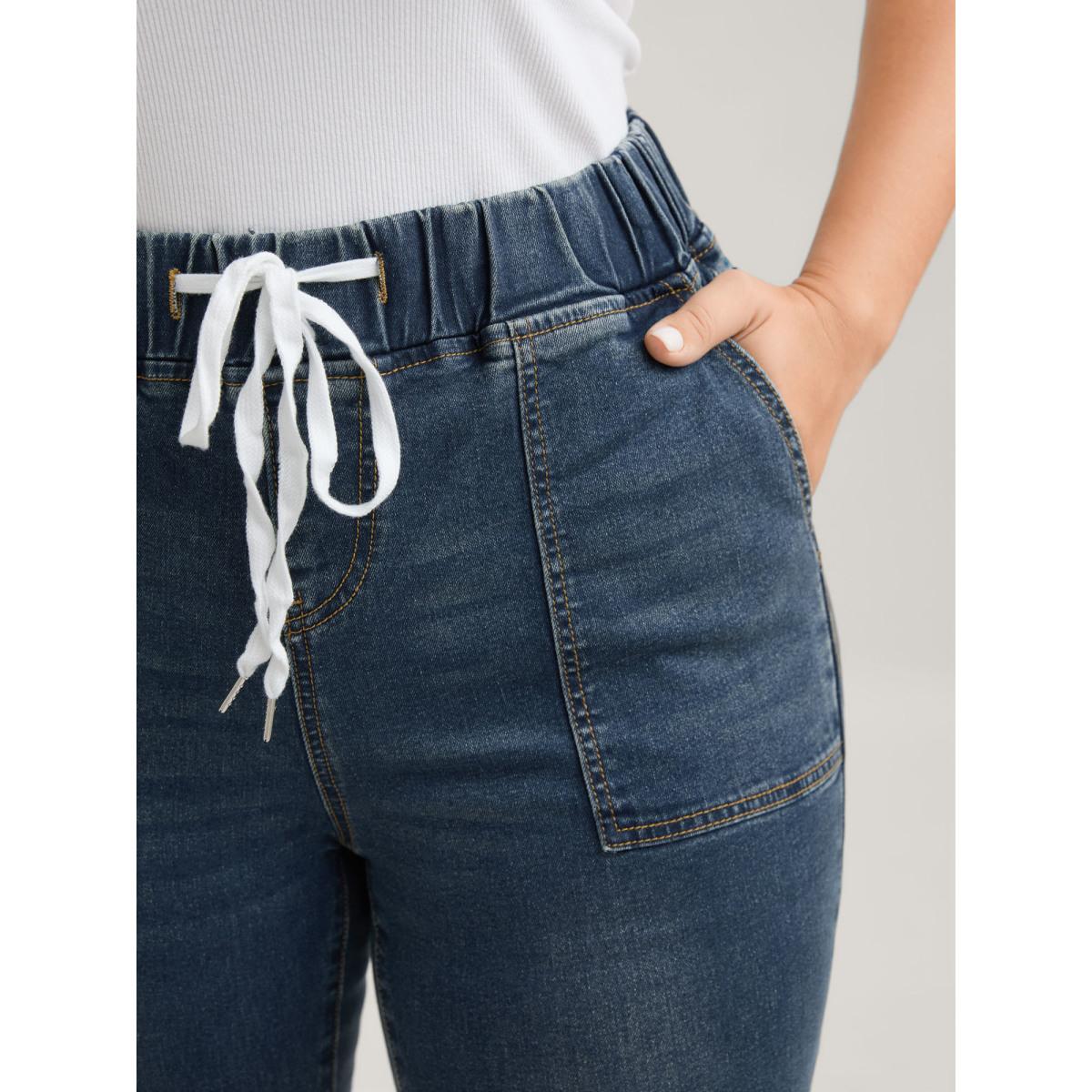 Plus Size Drawstring Elastic Waist Roll Hem Jeans Women DarkBlue Leisure Plain Drawstring High stretch Slanted pocket Jeans BloomChic 20/2X Product Image