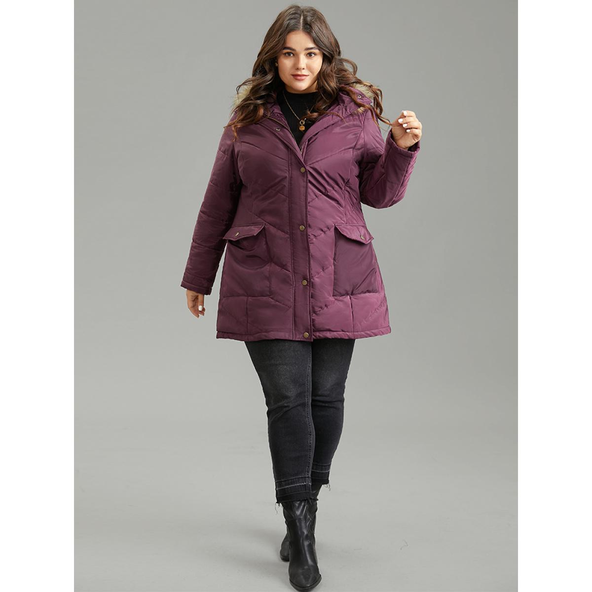Plus Size Solid Flap Pocket Fuzzy Trim Padded Coat Women Purple Casual Lined Ladies Dailywear Winter Coats BloomChic 12/L Product Image