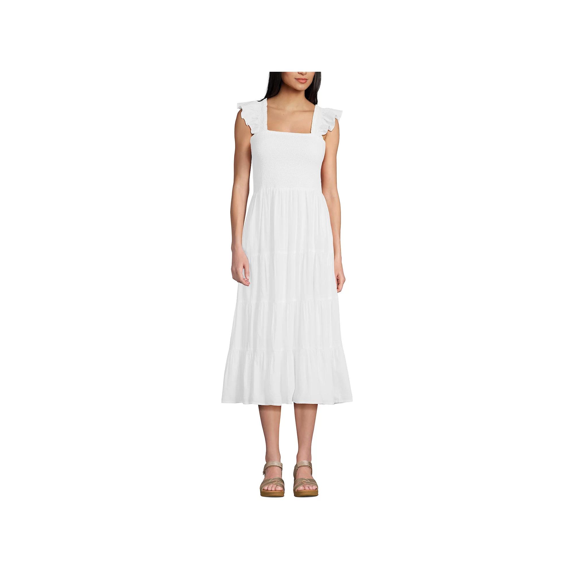 Women's Lands' End Cotton Dobby Smocked Ruffle Shoulder Midi Dress,  Product Image