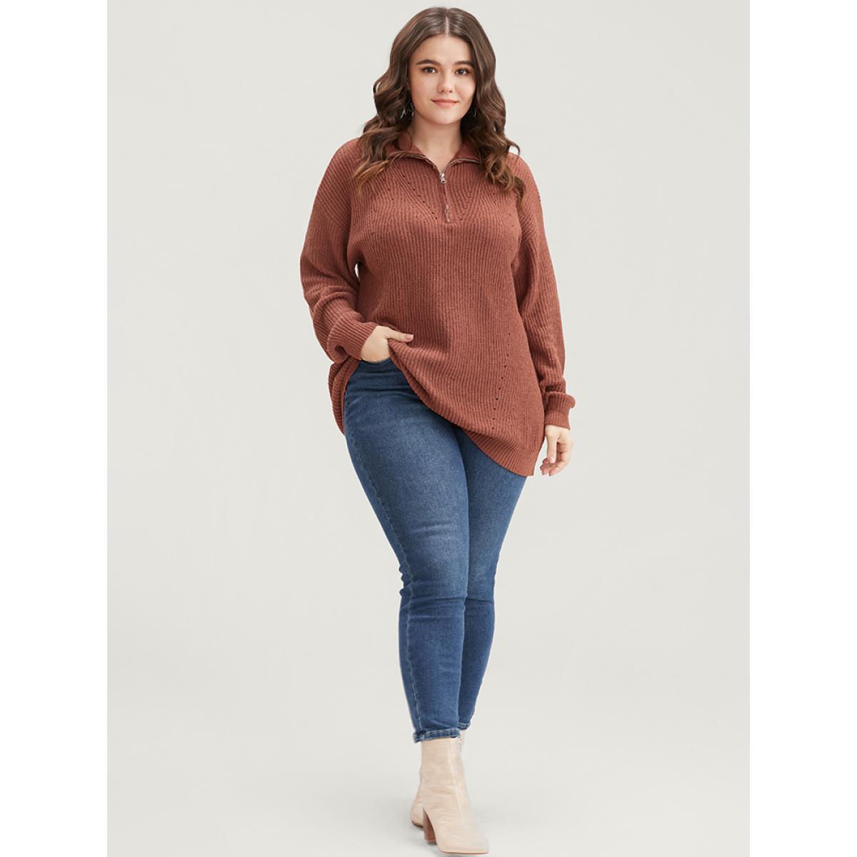Plus Size Solid Super Soft Knit Zipper Mock Neck Eyelet Knit Top Bronze Women Casual Loose Long Sleeve Mock Neck Dailywear Pullovers BloomChic 14-16/1X Product Image