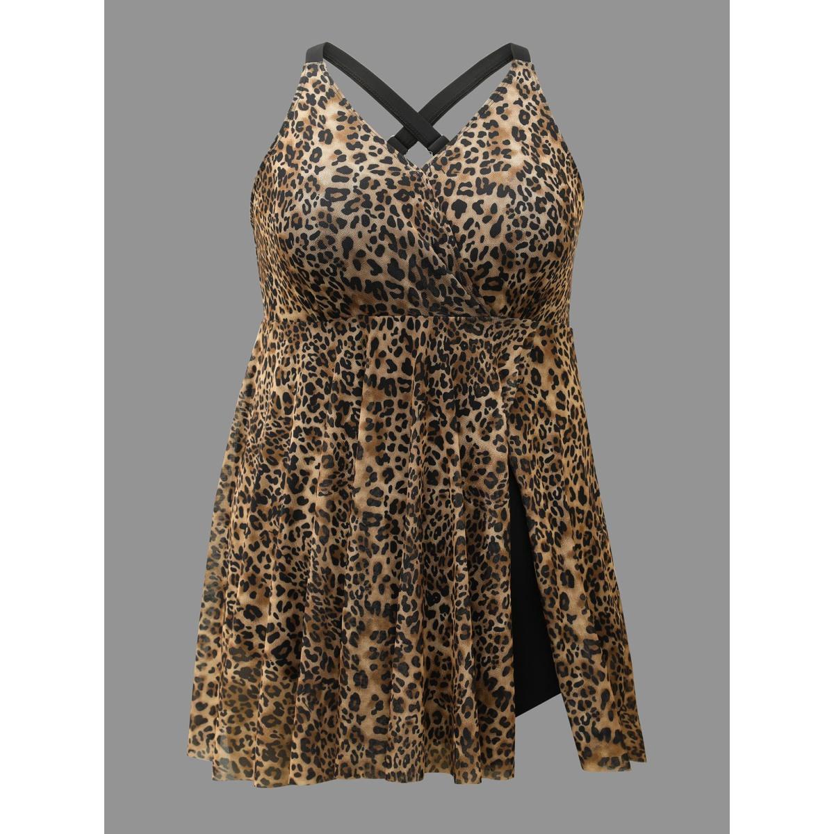 Plus Size Leopard Print Split Side Hem Swim Dress Women's Swimwear Leopard Beach Bodycon Overlap Collar High stretch Curve Swim Dresses BloomChic 26/4X Product Image