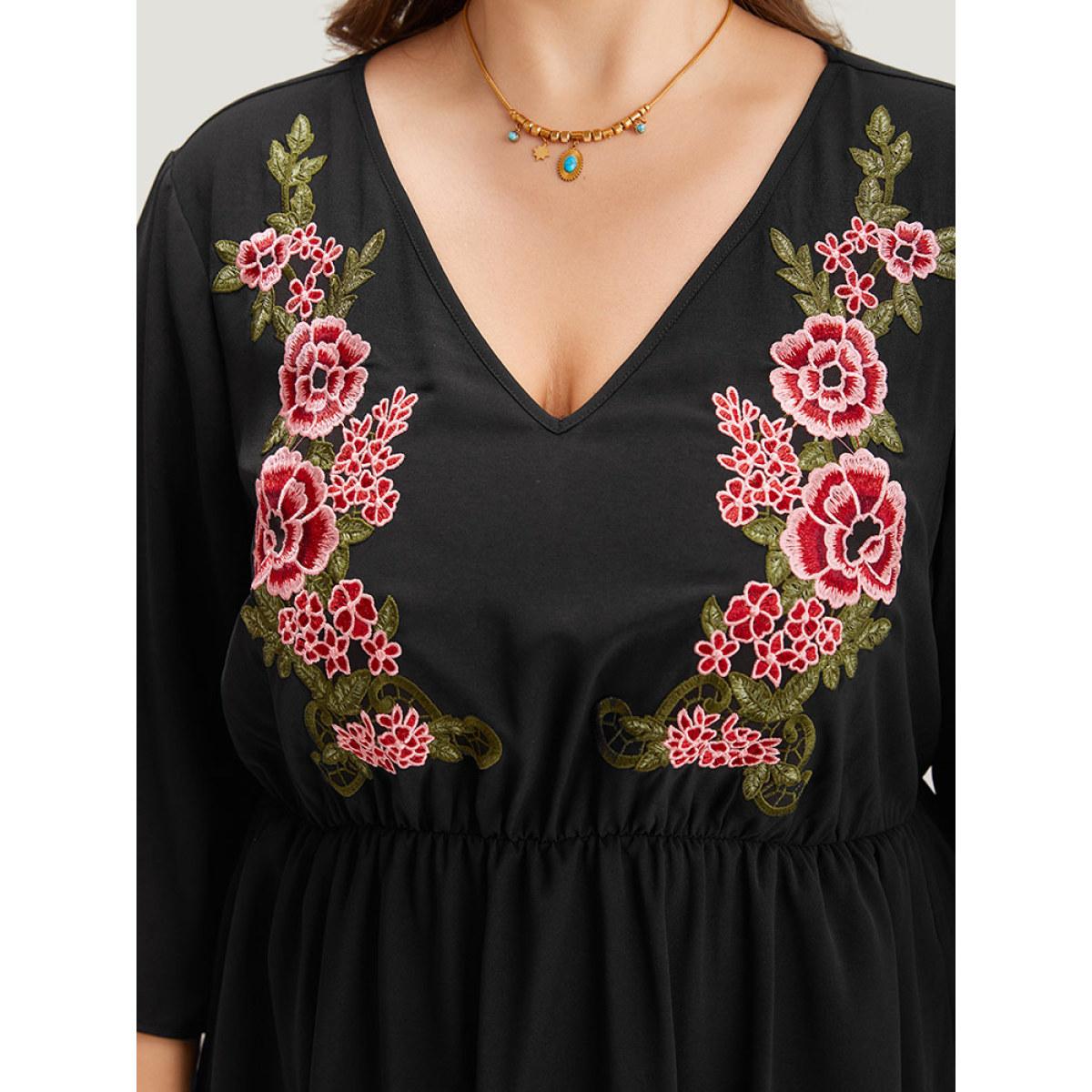 Plus Size Floral Embroidered Pocket V Neck Dress Black Women Vacation Embroidered V-neck Elbow-length sleeve Curvy Midi Dress BloomChic 14-16/1X Product Image