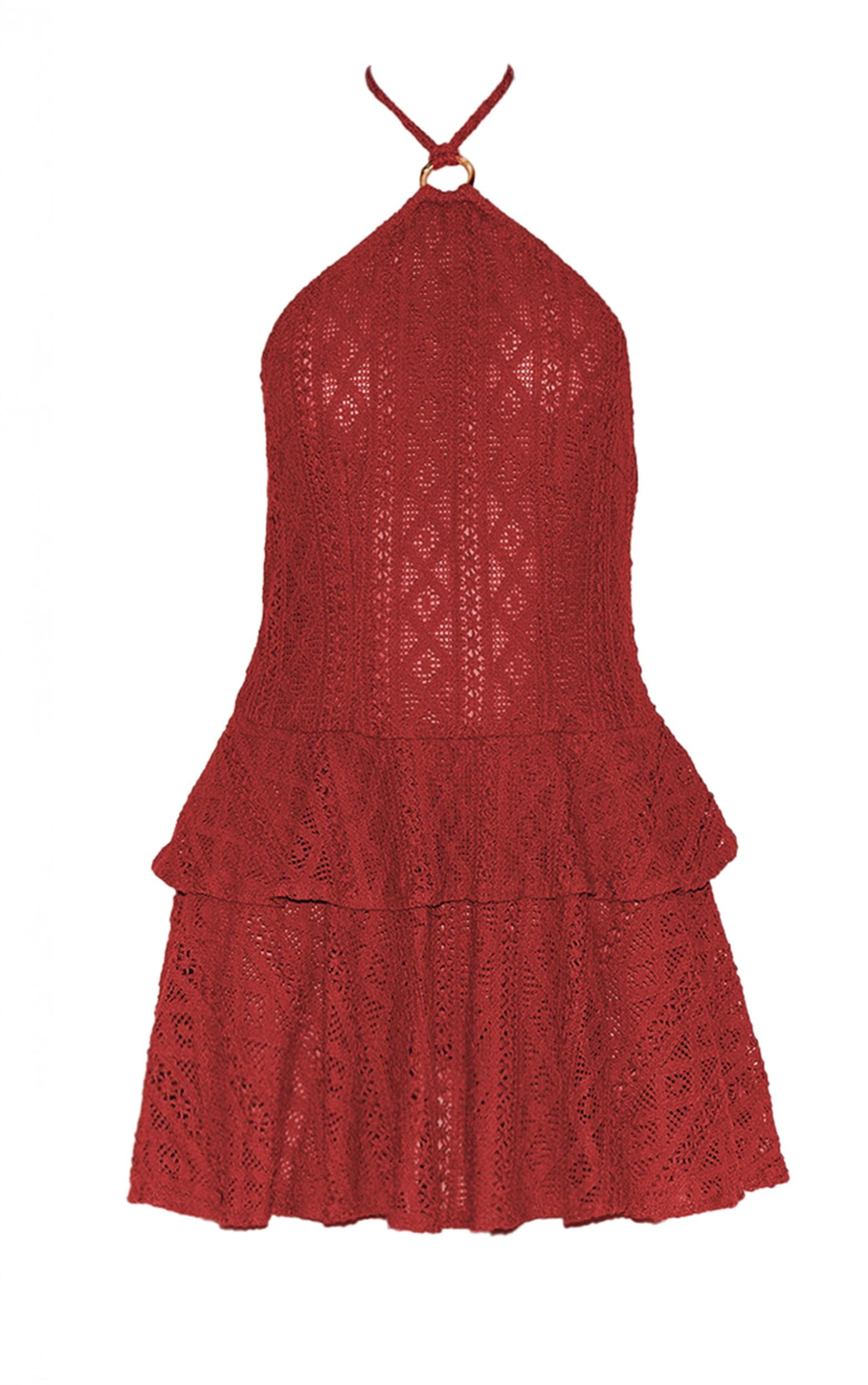 Rust Crochet Halterneck Frill Detail Shift Dress Product Image