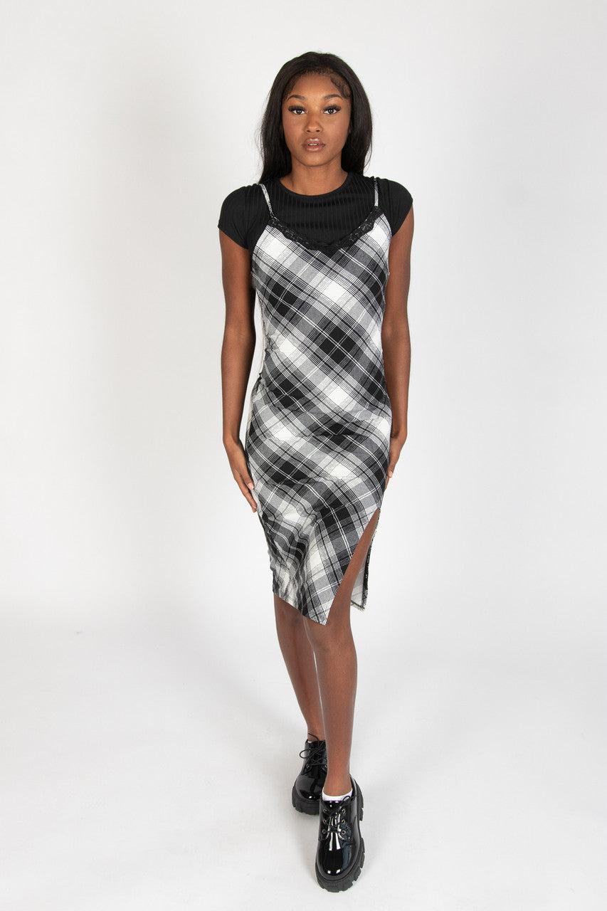 Lace Trim Plaid Midi Dress With Tee Product Image