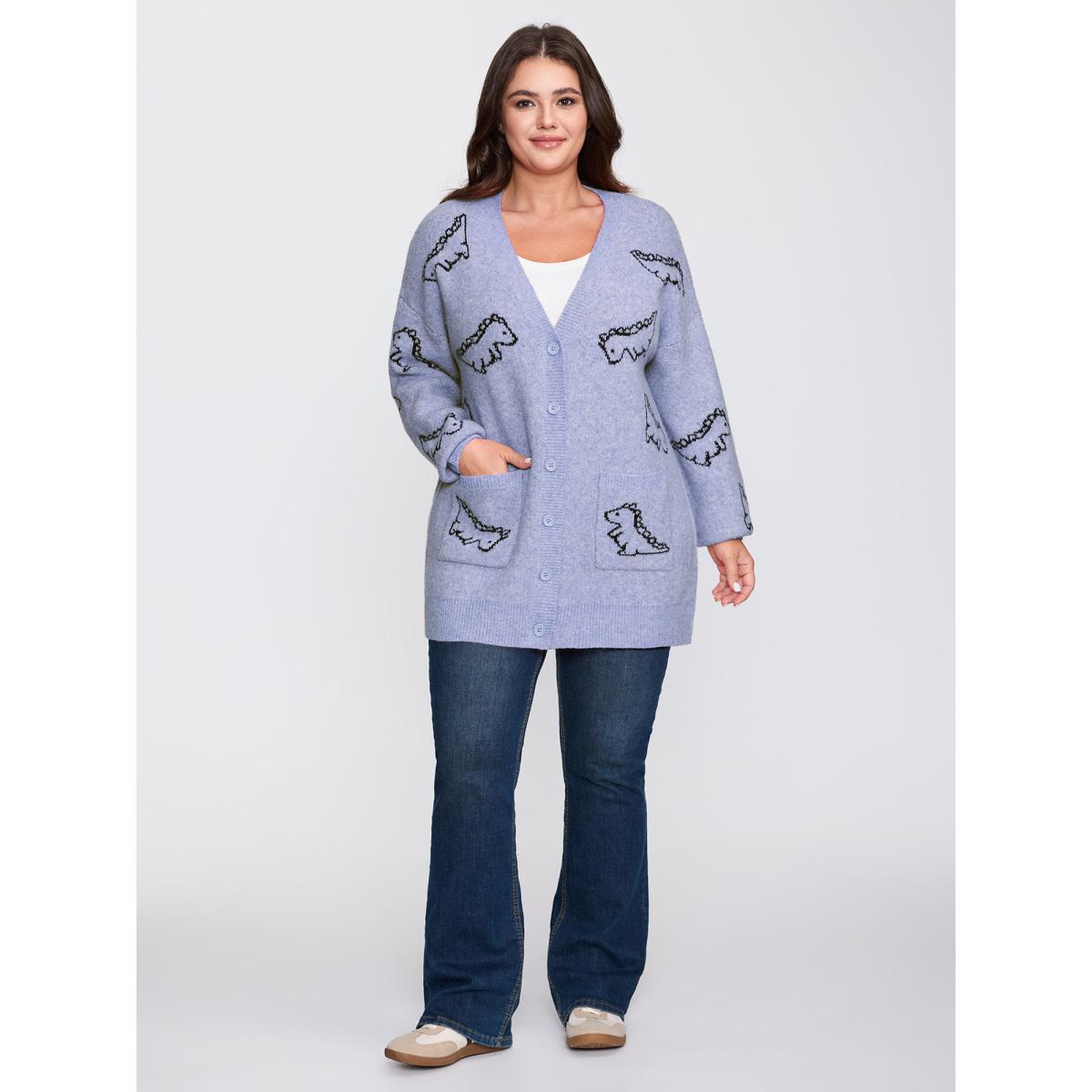 Plus Size Jacquard Dinosaur Print Knit Cardigan LightBlue Women Playful Loose Long Sleeve Casual Cardigans BloomChic 30/6X Product Image