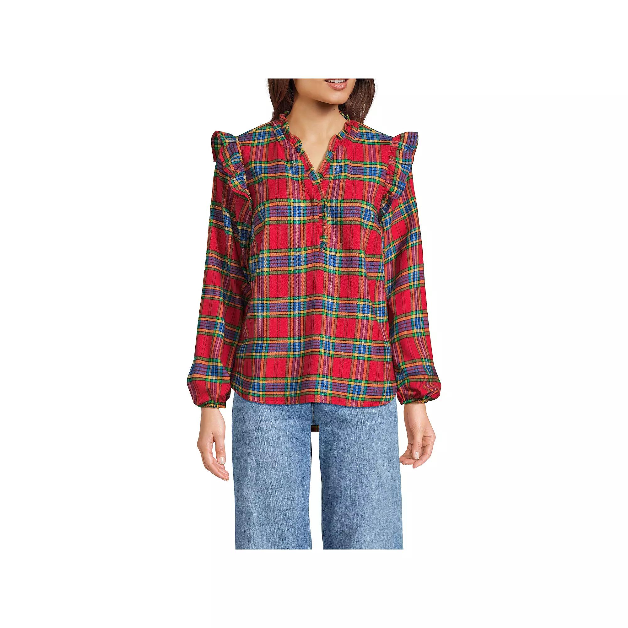 Women's Lands' End Ruffle Front Flannel Popover Blouse,  Product Image