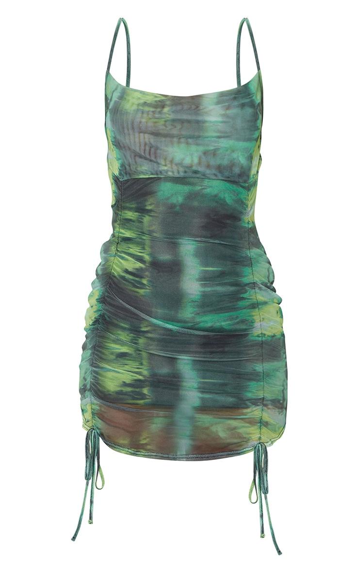 Green Tie Dye Print Strappy Ruched Tie Hem Bodycon Dress Product Image