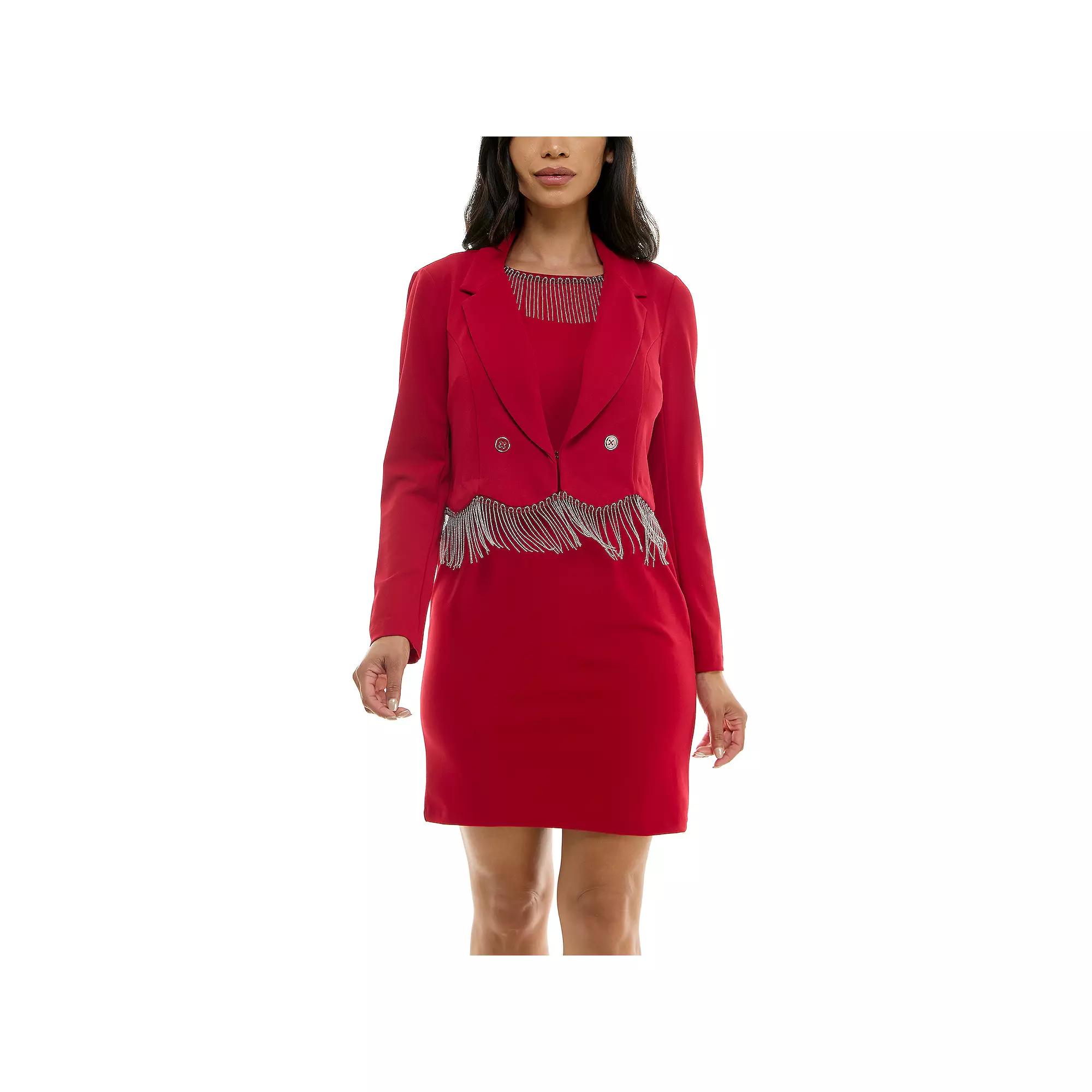 Women's Nina Leonard 2-Piece Fringed Dress and Blazer Set,  Product Image