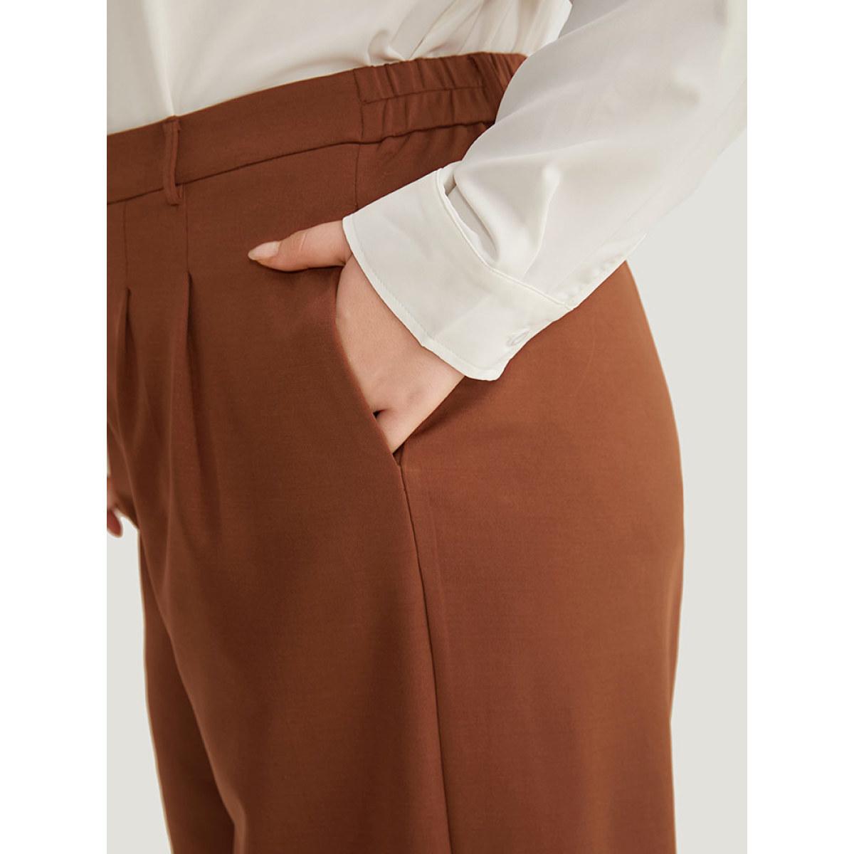 Plus Size Solid Pocket Plicated Detail Pants Women Chocolate Office Straight Leg High Rise Office Pants BloomChic 14-16/1X Product Image