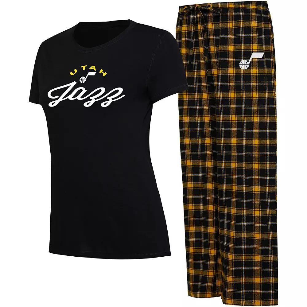 Women's College Concepts Black/Gold Utah Jazz Arctic T-Shirt & Flannel Pants Sleep Set, Size: XL, Jaz Black Product Image