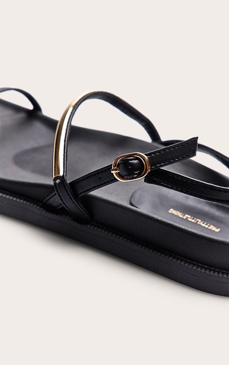 Black Pu Round Toe Gold Strap Footbed Sandals Product Image