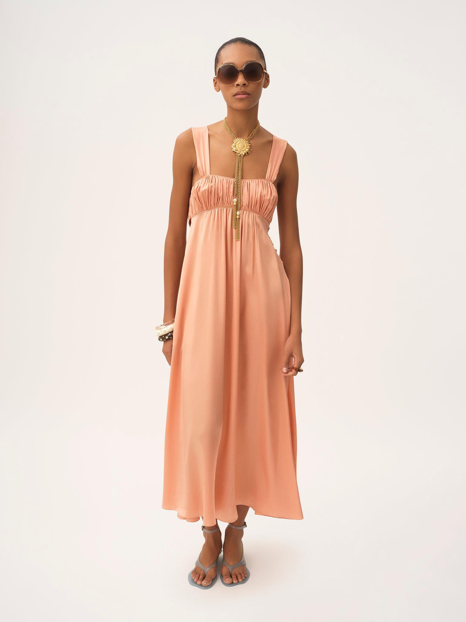 Sleeveless ruched long dress in silk satin Product Image