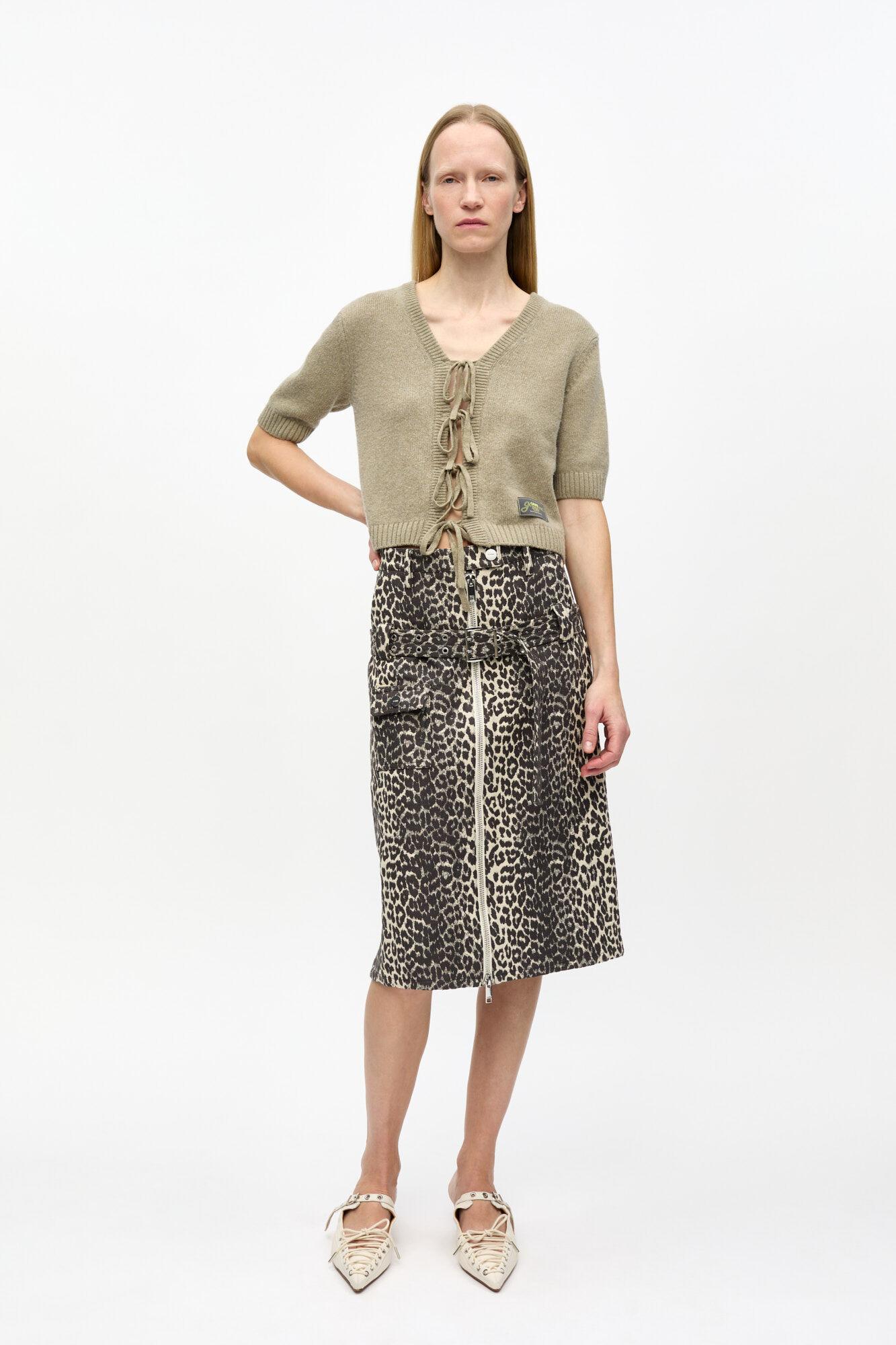 Leopard Cotton Tweed Midi Skirt Product Image