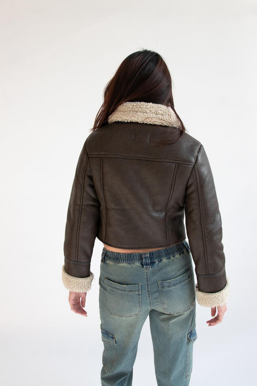 Faux Fur Lined Pleather Bomber Jacket Product Image