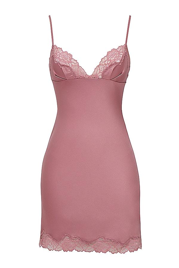Nia  rose pink satin & lace slip dress Product Image