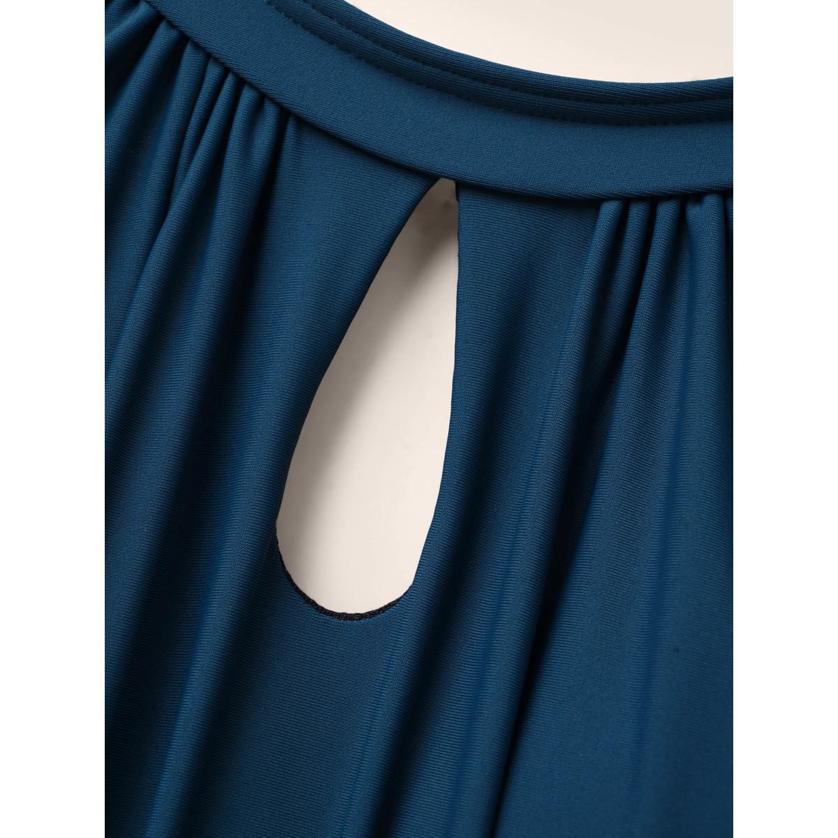 Plus Size Solid Keyhole Elastic Waist Gathered One Piece Swimsuit Women's Swimwear Indigo Resort Gathered Curve Bathing Suits High stretch One Pieces BloomChic 26/4X Product Image