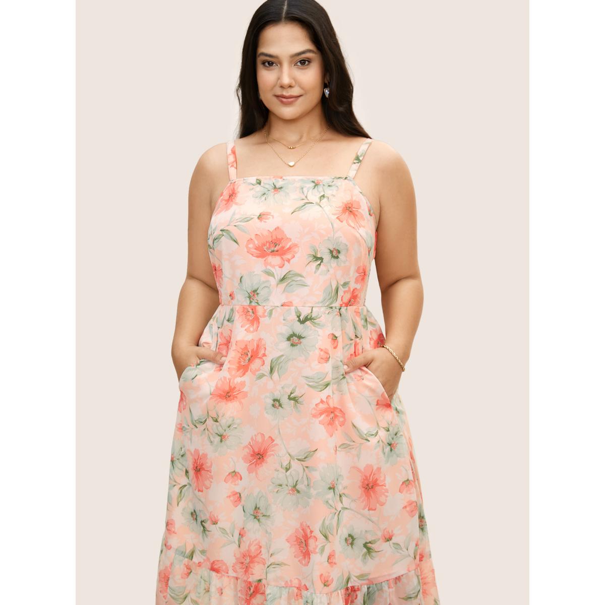 Plus Size Watercolor Floral Shirred Ruffle Hem Cami Dress Crepe Women Elegant Shirred Strapless Sleeveless Curvy BloomChic 26/4X Product Image