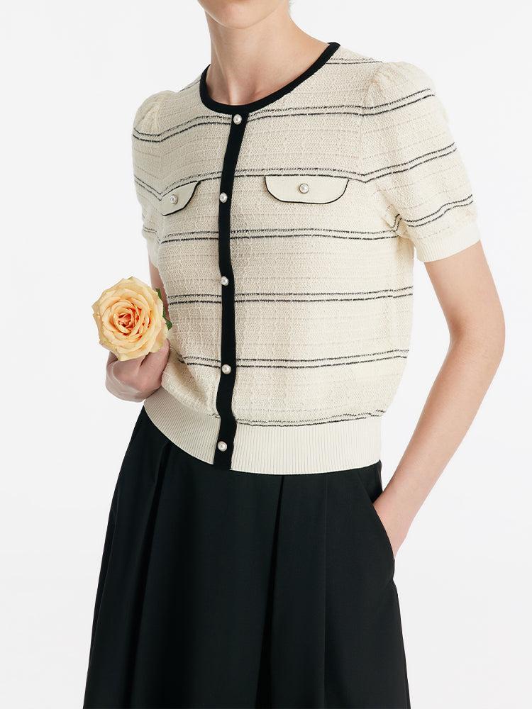 Contrast Trim Striped Knit Top And Half Skirt Two-Piece Set Product Image